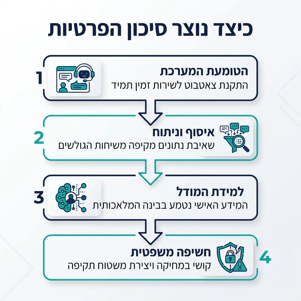 אינפוגרפיקה — כיצד נוצר סיכון הפרטיות: הטמעת המערכת, איסוף וניתוח, למידת המודל, חשיפה משפטית