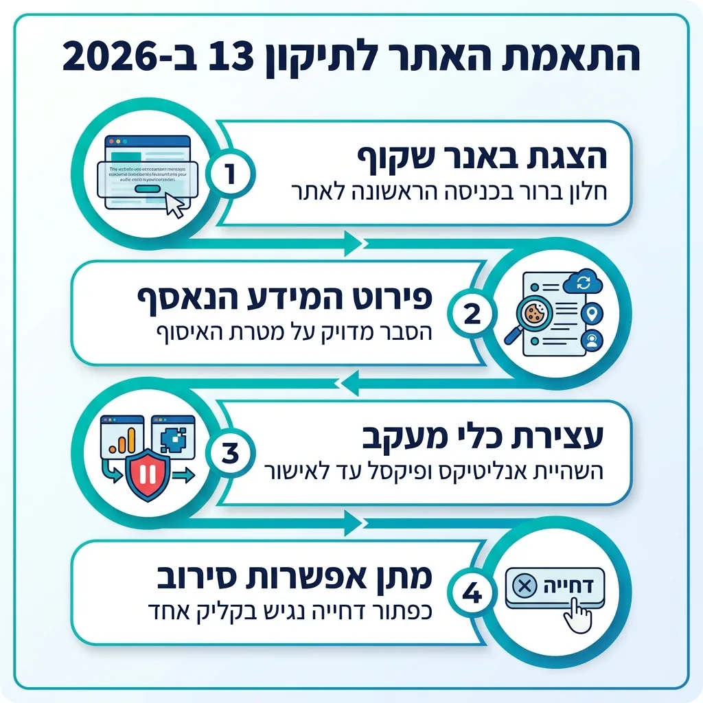 אינפוגרפיקה — התאמת האתר לתיקון 13 ב-2026: הצגת באנר שקוף, פירוט המידע הנאסף, עצירת כלי מעקב, מתן אפשרות סירוב