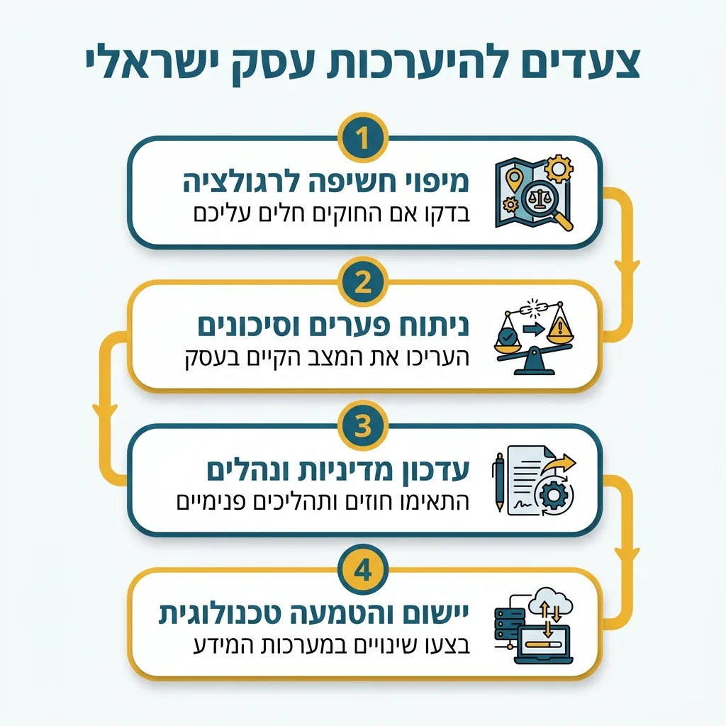 אינפוגרפיקה — צעדים להיערכות עסק ישראלי: מיפוי חשיפה לרגולציה, ניתוח פערים וסיכונים, עדכון מדיניות ונהלים, יישום והטמעה טכנול