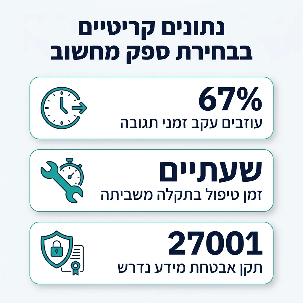 אינפוגרפיקה — נתונים קריטיים בבחירת ספק מחשוב: עוזבים עקב זמני תגובה, זמן טיפול בתקלה משביתה, תקן אבטחת מידע נדרש