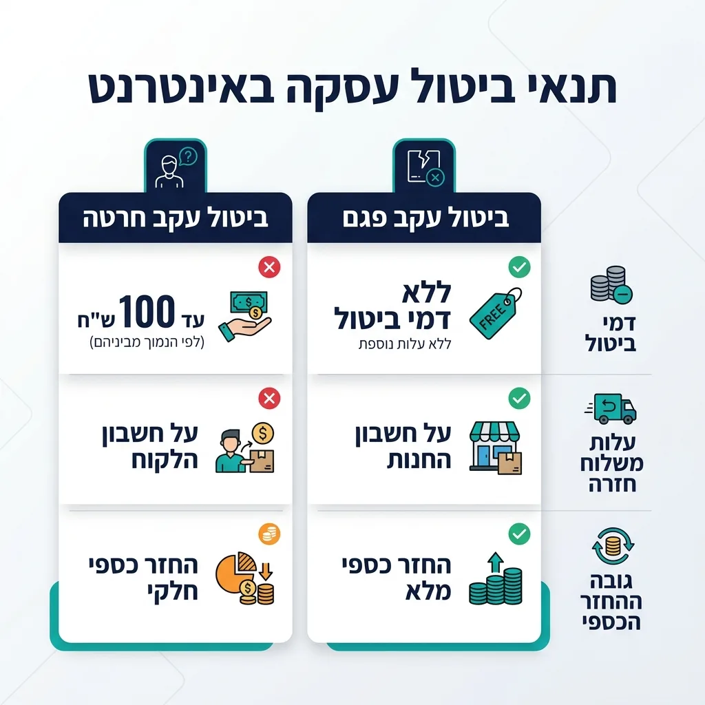 אינפוגרפיקה — תנאי ביטול עסקה באינטרנט: השוואה בין ביטול עקב חרטה, ביטול עקב פגם