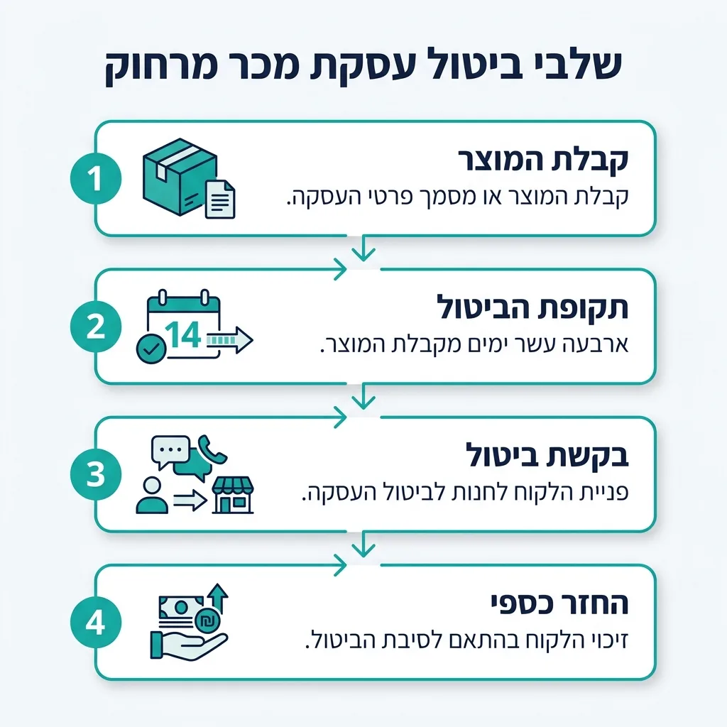 אינפוגרפיקה — שלבי ביטול עסקת מכר מרחוק: קבלת המוצר, תקופת הביטול, בקשת ביטול, החזר כספי
