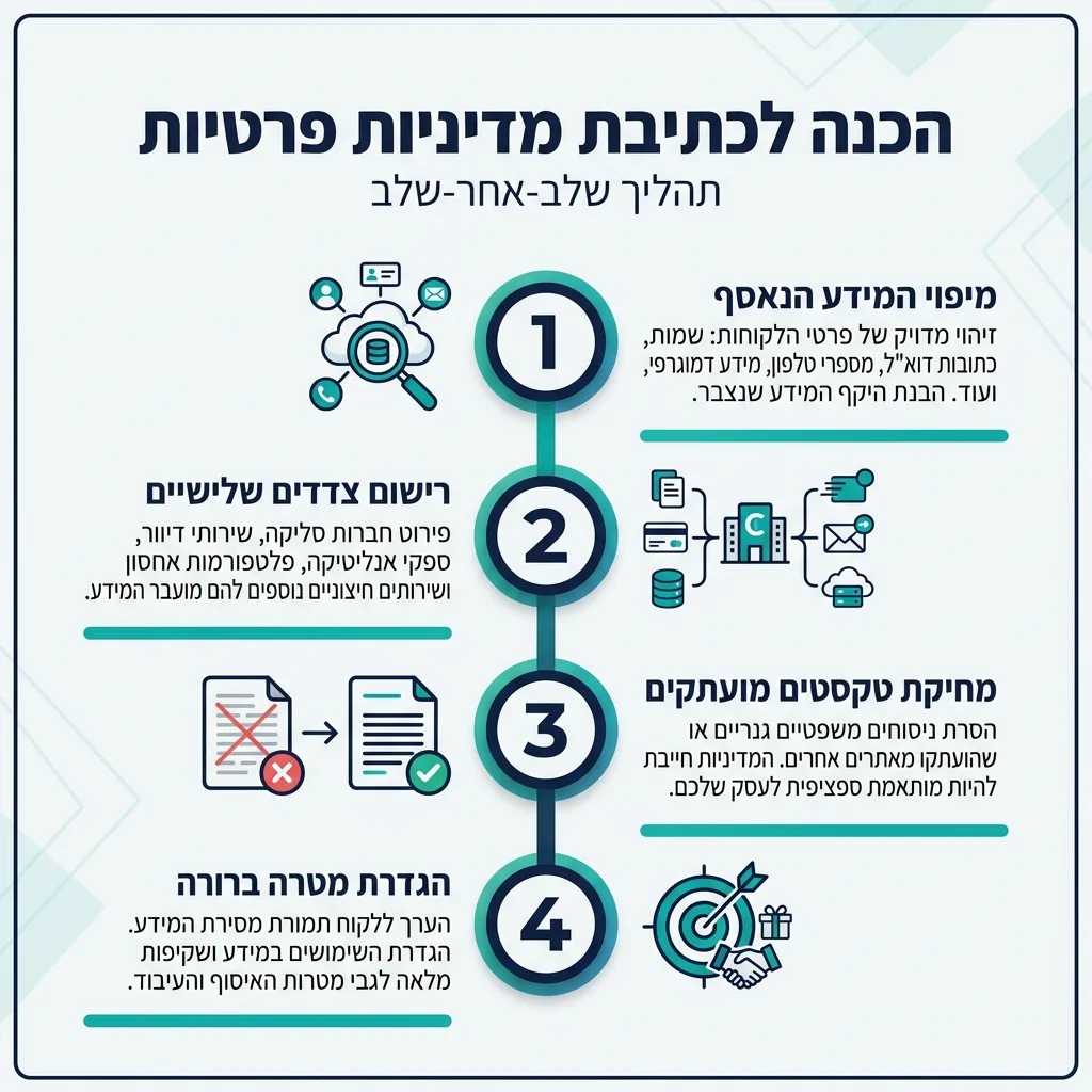 אינפוגרפיקה — הכנה לכתיבת מדיניות פרטיות: מיפוי המידע הנאסף, רישום צדדים שלישיים, מחיקת טקסטים מועתקים, הגדרת מטרה ברורה