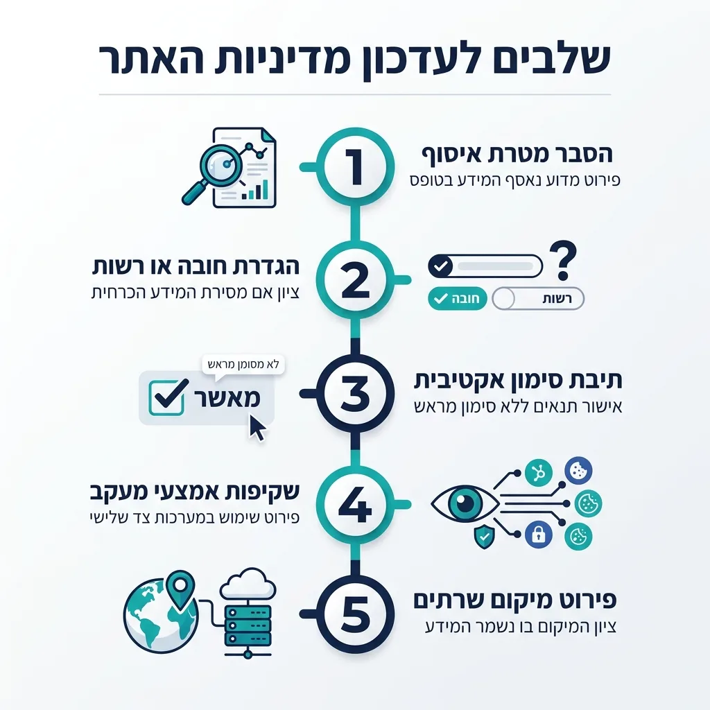 אינפוגרפיקה — שלבים לעדכון מדיניות האתר: הסבר מטרת איסוף, הגדרת חובה או רשות, תיבת סימון אקטיבית, שקיפות אמצעי מעקב, פירוט מי