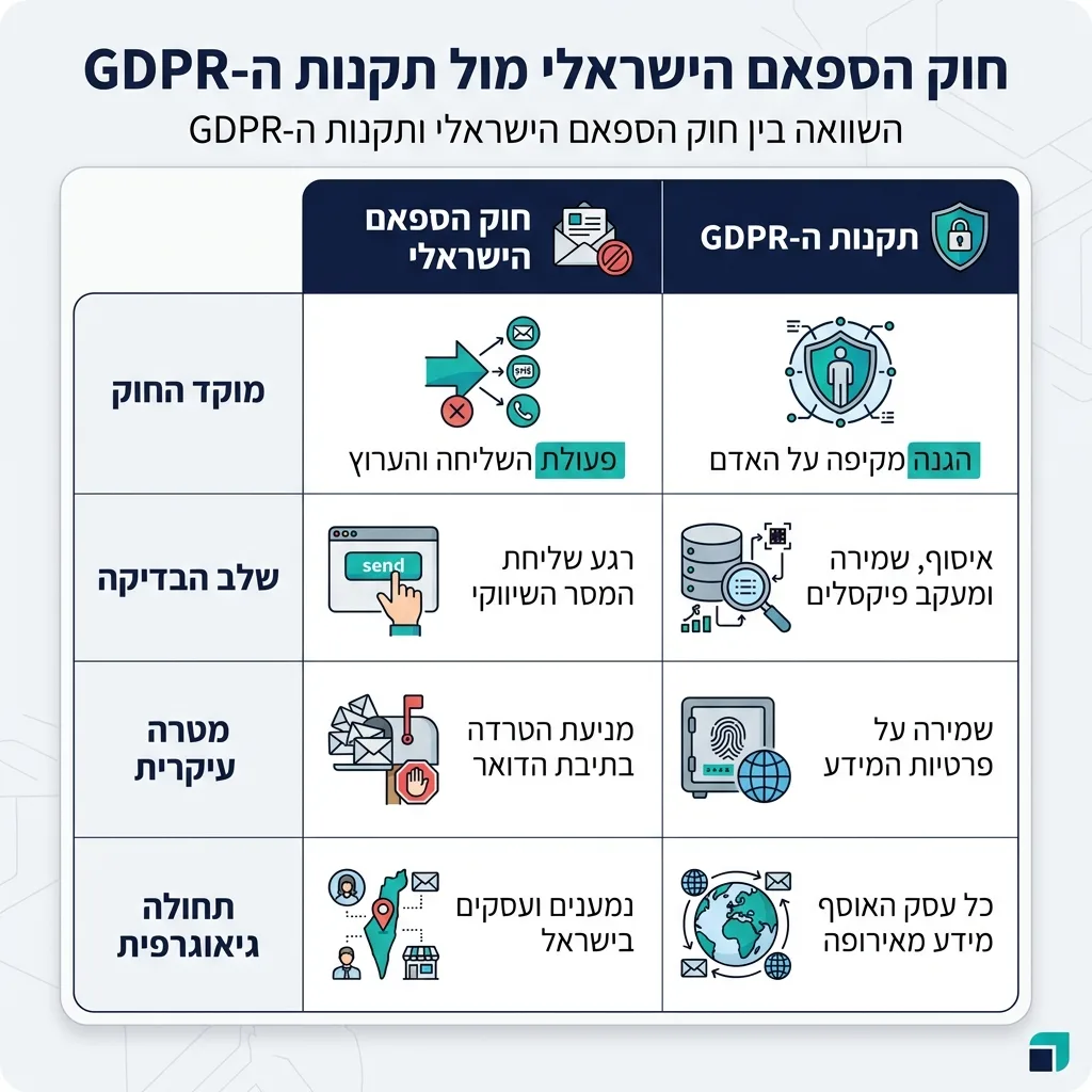 אינפוגרפיקה — חוק הספאם הישראלי מול תקנות ה-GDPR: השוואה בין חוק הספאם הישראלי, תקנות ה-GDPR