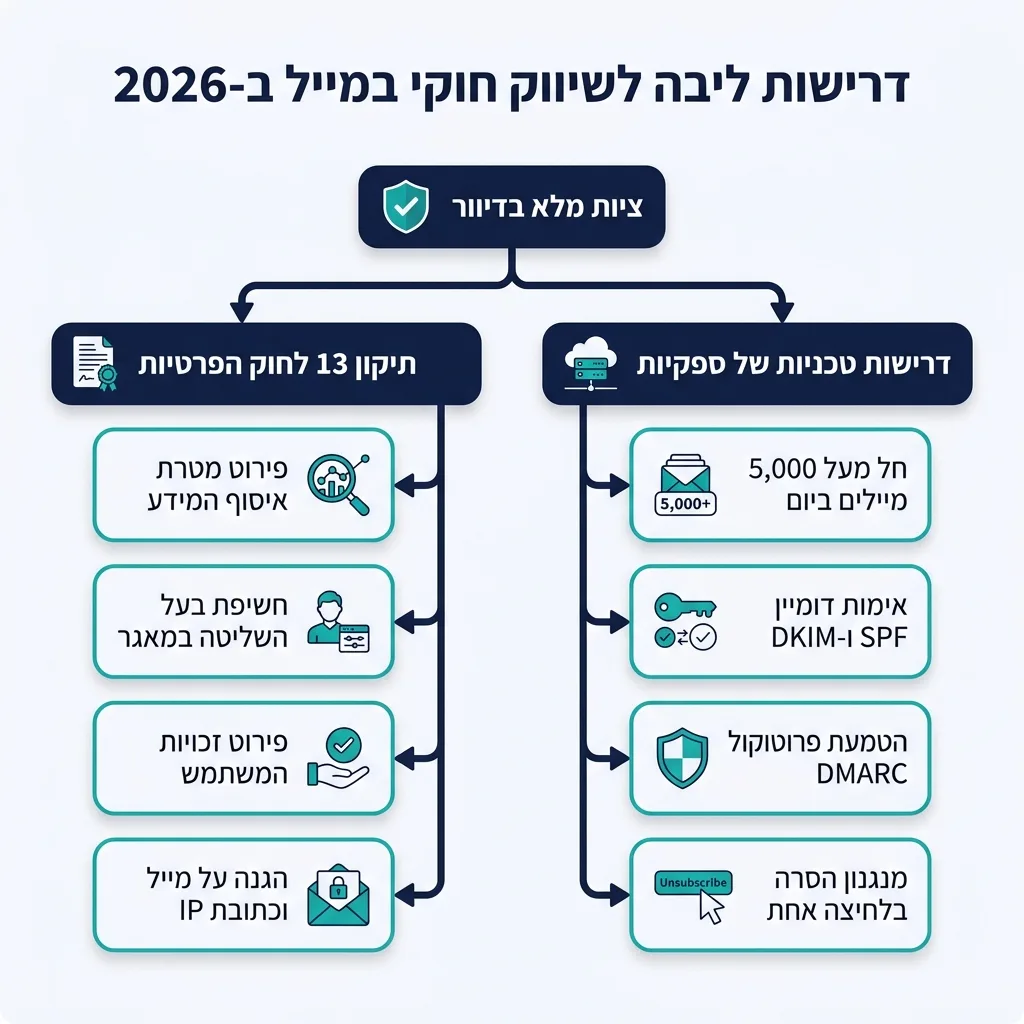 אינפוגרפיקה — דרישות ליבה לשיווק חוקי במייל ב-2026: ציות מלא בדיוור