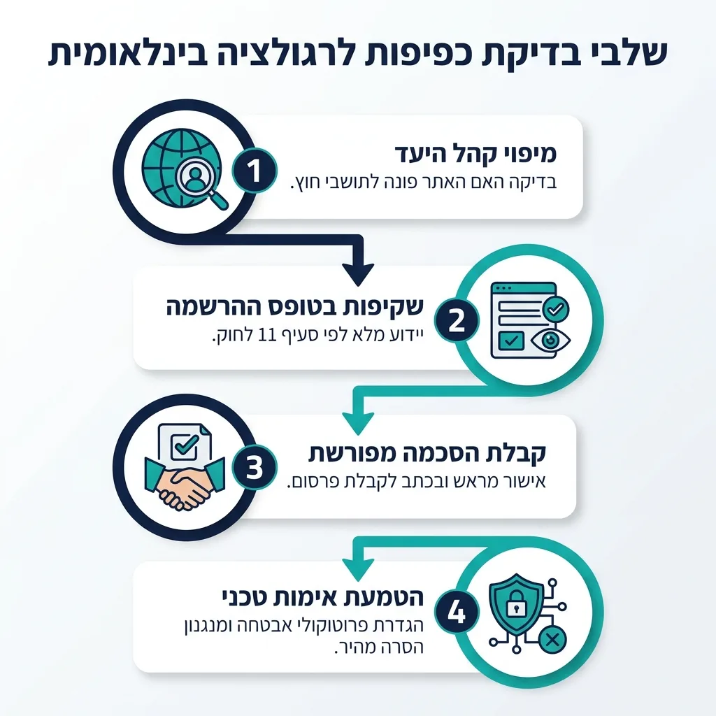 אינפוגרפיקה — שלבי בדיקת כפיפות לרגולציה בינלאומית: מיפוי קהל היעד, שקיפות בטופס ההרשמה, קבלת הסכמה מפורשת, הטמעת אימות טכני