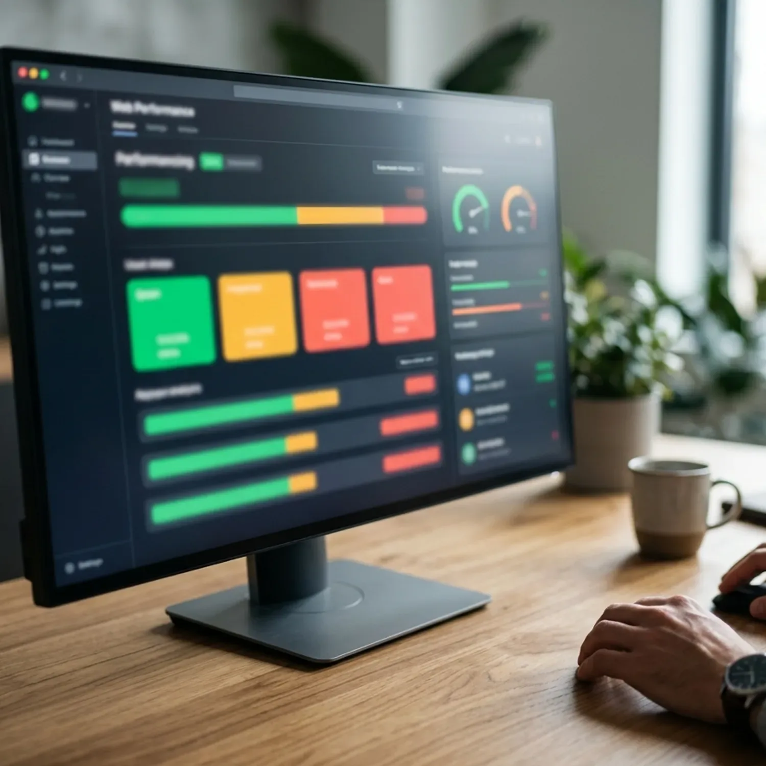 צילום קרוב של מסך מחשב המציג את כלי הבדיקה PageSpeed Insights של גוגל, עם מדדים וציונים צבעוניים, באווירת עבודה מקצועית