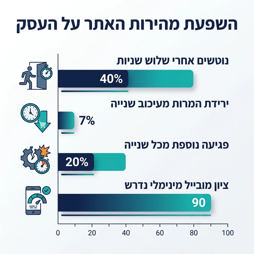 אינפוגרפיקה — השפעת מהירות האתר על העסק: נוטשים אחרי שלוש שניות, ירידת המרות מעיכוב שנייה, פגיעה נוספת מכל שנייה, ציון מובייל