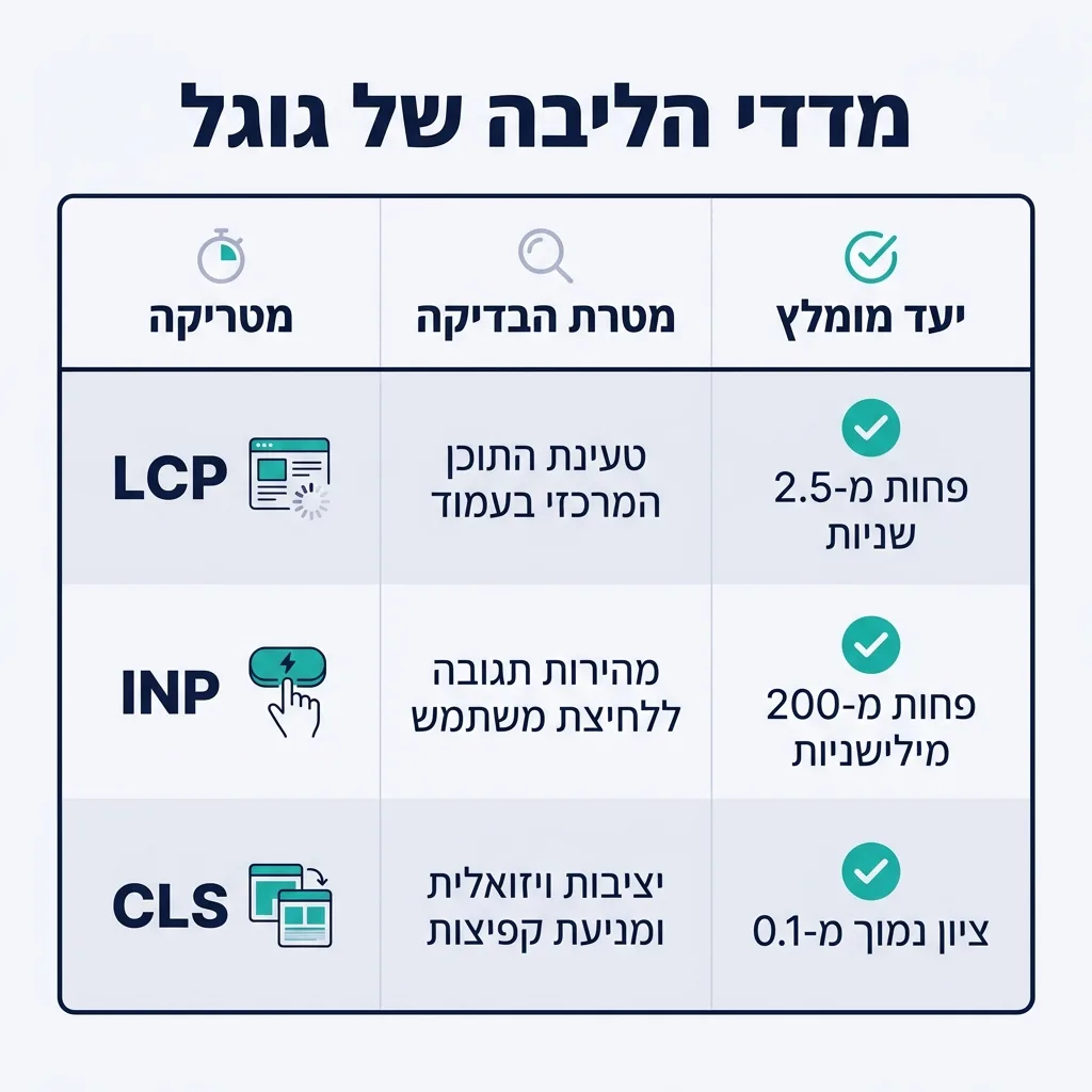 אינפוגרפיקה — מדדי הליבה של גוגל: השוואה בין מטרת הבדיקה, יעד מומלץ