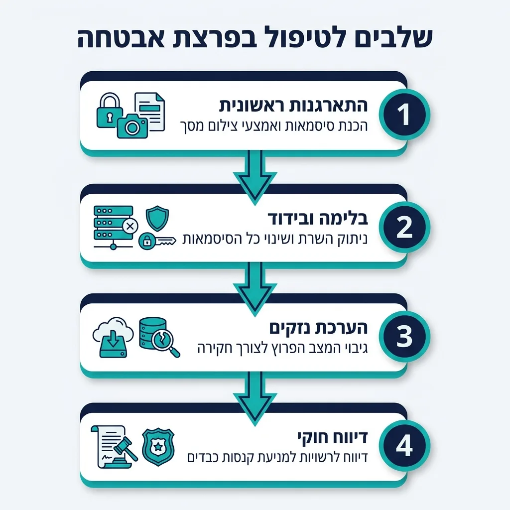 אינפוגרפיקה — שלבים לטיפול בפרצת אבטחה: התארגנות ראשונית, בלימה ובידוד, הערכת נזקים, דיווח חוקי