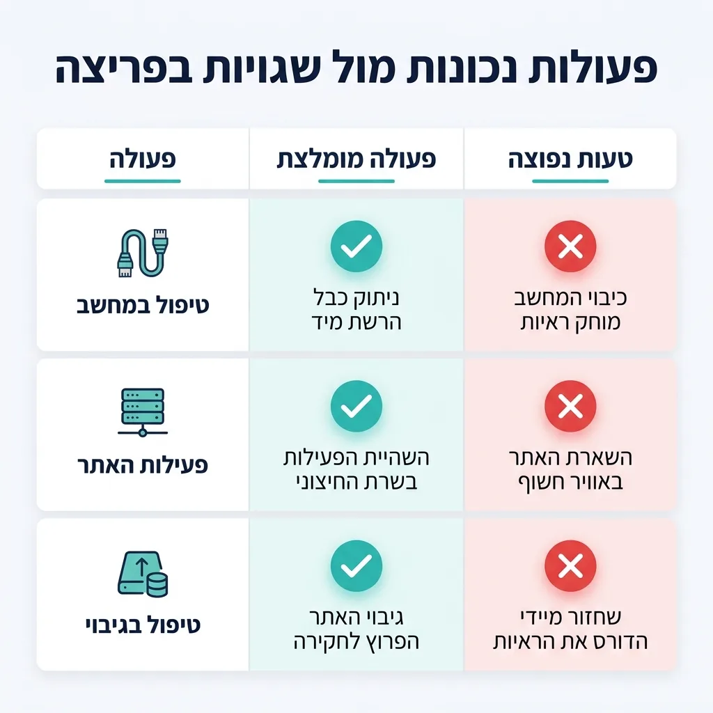 אינפוגרפיקה — פעולות נכונות מול שגויות בפריצה: השוואה בין פעולה מומלצת, טעות נפוצה