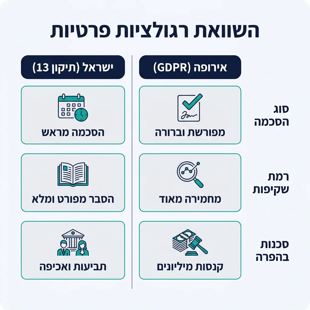 אינפוגרפיקה — השוואת רגולציות פרטיות: השוואה בין אירופה (GDPR), ישראל (תיקון 13)